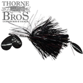 Hunsy Tails 8/9 Banger fishing lure with black and red feathered skirt, dual shiny metallic spinner blades, designed for musky fishing tackle by Thorne Bros.