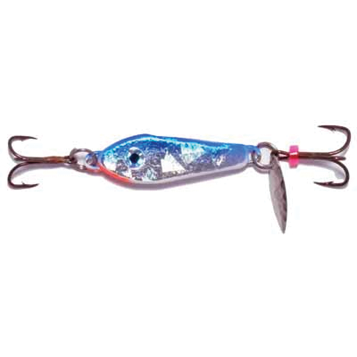 Hutch One Eye Spoon fishing lure in blue and silver with reflective finish, featuring two treble hooks and a small spinning blade for added attraction.