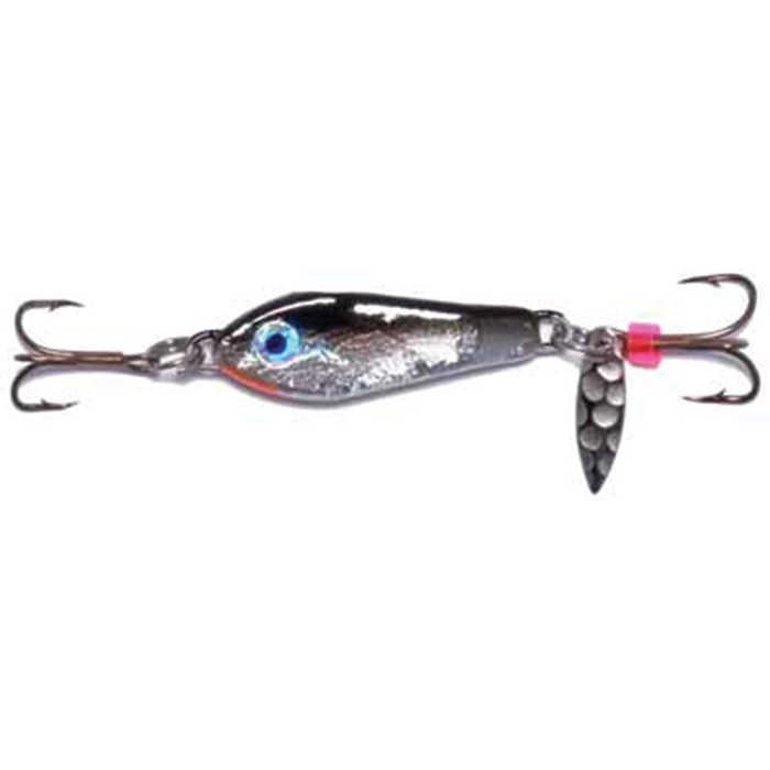 Hutch One Eye Spoon fishing lure featuring a reflective metallic body with a blue eye detail, two treble hooks, and a small spinning blade for enhanced water action.