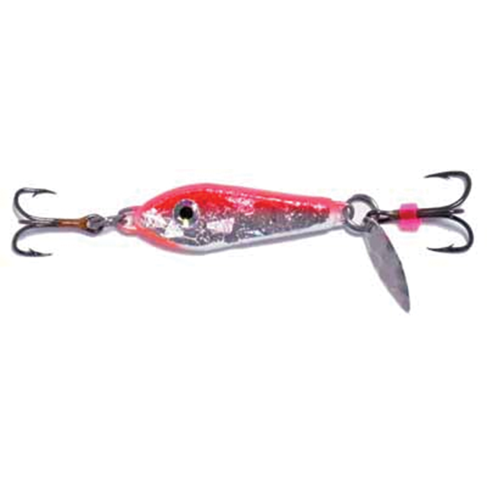 Hutch One Eye Spoon fishing lure with a silver and red reflective body, featuring two treble hooks and a small metal spinner blade for added attraction.
