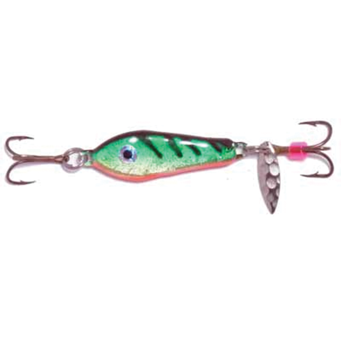 Hutch One Eye Spoon fishing lure with a reflective green and silver body, black markings, and dual treble hooks, designed for effective fishing tackle use.