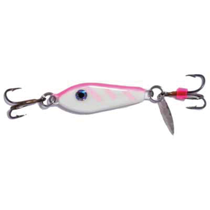Hutch One Eye Spoon fishing lure with silver and pink body, featuring two treble hooks and an attached spinner blade for attracting fish.