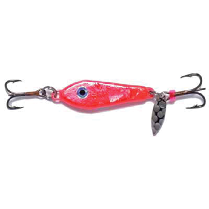 Hutch One Eye Spoon fishing lure in bright pink with a single blue eye design, featuring two treble hooks and a small metallic spinner for enhanced attraction.