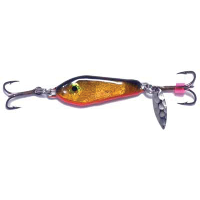Hutch One Eye Spoon fishing lure with a shiny gold and orange body, featuring two treble hooks and a small silver spinner blade for attracting fish.