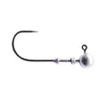 Ichikawa Out Barb Jighead showing a single black curved fishing hook attached to a silver weighted round jighead with an eyelet for fishing tackle connection.