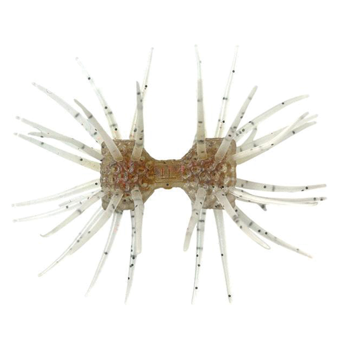 Imakatsu Dumbbell Crab (Elastomer) fishing lure in translucent beige with black speckles, featuring multiple flexible appendages designed to mimic a crab for realistic movement.