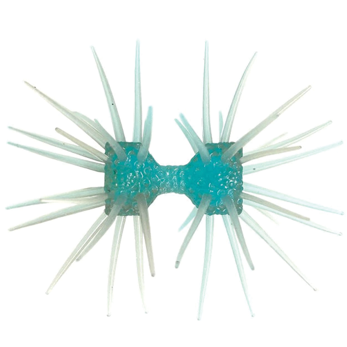 Close-up image of an Imakatsu Dumbbell Crab (Elastomer), a blue translucent fishing lure with numerous soft, flexible spikes designed to imitate crab legs for attracting fish.