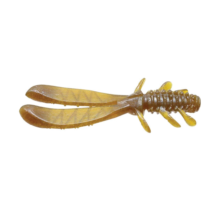Issei AK Chunk fishing lure designed to mimic a small creature with twin curved tails, ribbed body, and multiple legs in a translucent brown and yellow color for attracting fish.