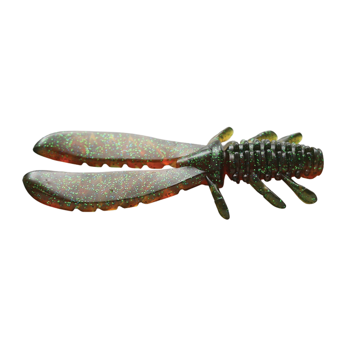 Issei AK Chunk soft plastic fishing lure in green with orange accents and glitter for attracting fish, designed for use with fishing tackle.