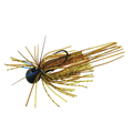 Issei Bibibi Shot fishing lure with a black weighted head and flexible brown and yellow silicone skirt designed to imitate natural prey for musky fishing.