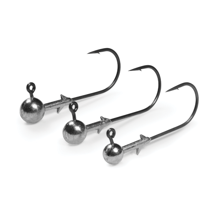 Three Issei Classic Round Jighead fishing hooks in varying sizes with round weighted heads and sharp curved points, designed for effective fishing tackle use.