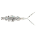 Issei Hanhan Trailer soft plastic fishing lure in translucent white with black and blue speckles, featuring a ribbed body and forked tail designed for lifelike movement in water.