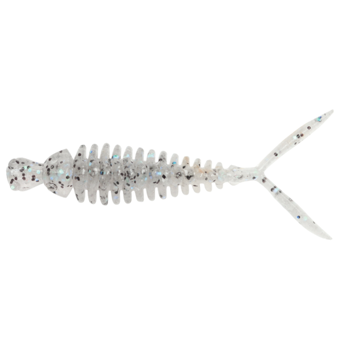 Issei Hanhan Trailer soft plastic fishing lure in translucent white with black and blue speckles, featuring a ribbed body and forked tail designed for lifelike movement in water.
