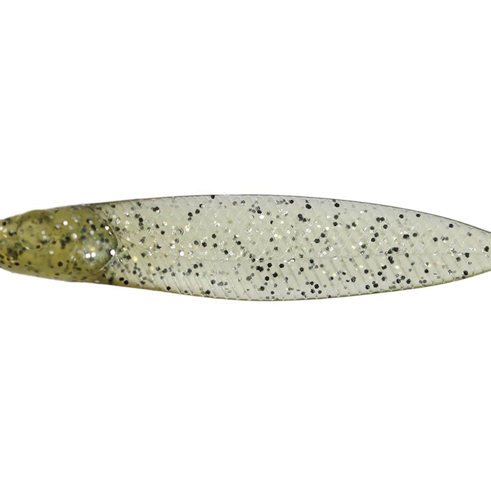 Issei Liar Minnow Flat Sakana Sakana fishing lure in translucent white with black speckles and a hint of olive green near the head, designed for effective fishing tackle use.