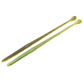 Two soft, slender fishing lures in green and yellow tones with textured ribbing and paddle tails, identified as Issei Spatula Slim Worm, designed for fishing tackle use.