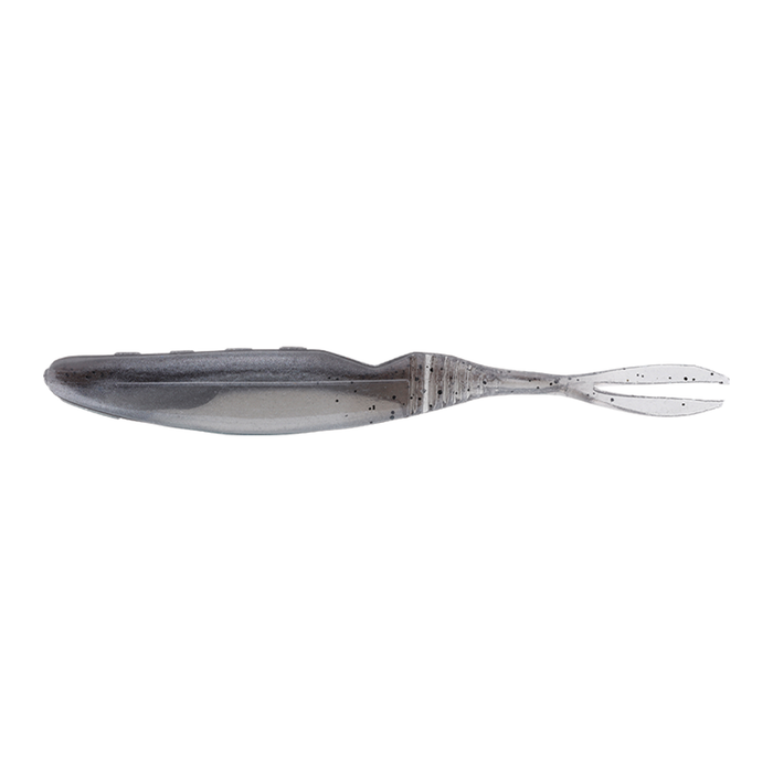 Jackall Bital Minnow fishing lure in translucent gray with black flecks, featuring a soft body and forked tail designed for lifelike movement in water.