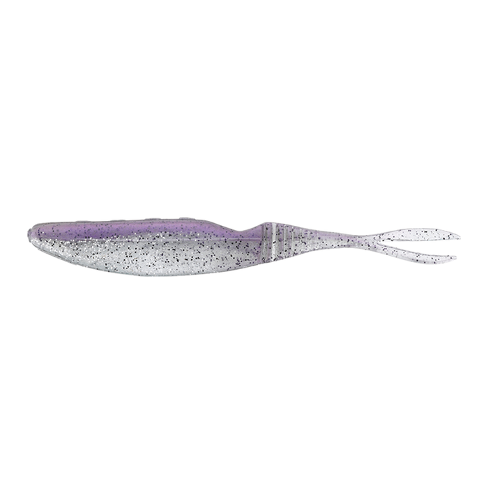 Jackall Bital Minnow fishing lure in translucent purple and silver with black speckles, featuring a forked tail designed for lifelike movement in water.