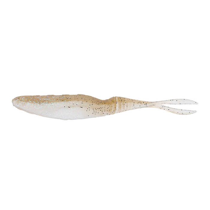 Soft plastic fishing lure in light brown and white with black speckles and a forked tail, designed for freshwater fishing with the Jackall Bital Minnow model.