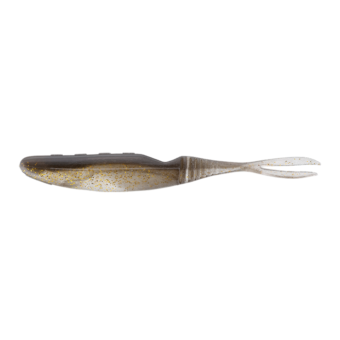 Jackall Bital Minnow soft fishing lure with a slender body, forked tail, and translucent gray color accented with gold flakes designed for effective fishing tackle use.
