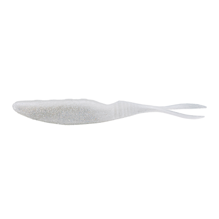 Jackall Bital Minnow fishing lure in translucent white with silver glitter, featuring a soft body and forked tail designed for realistic movement in water.