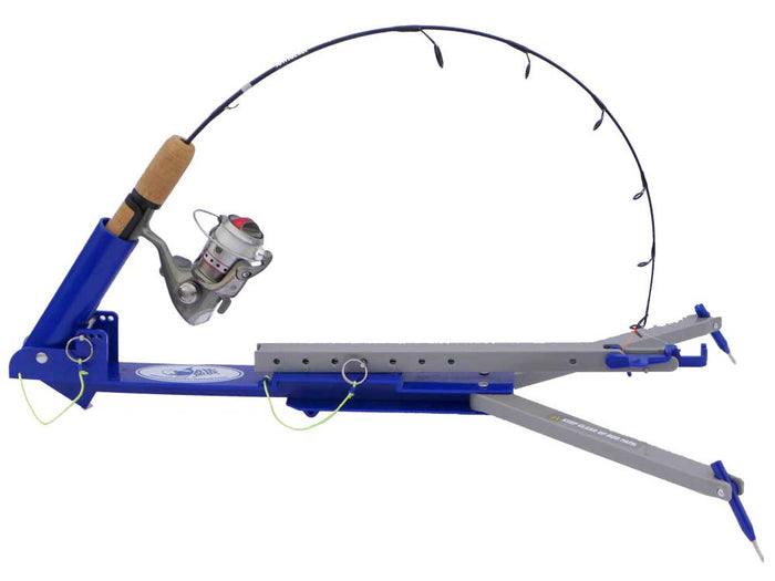Jaw Jacker Hook Setter mounted with a fishing rod featuring a cork handle and spinning reel, designed to hold and set hooks securely during fishing.