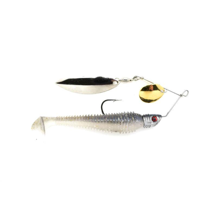 Jewel Baits Gem Blade 2.0 Spinnerbait with a silver and gold double blade spinner and a soft plastic fish-shaped lure with a red eye, designed for fishing tackle use.