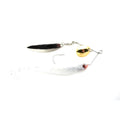 White soft plastic fishing lure with a red-eyed fish-shaped body attached to a metal spinner with gold and silver blades, featuring a single hook, Jewel Baits Gem Blade 2.0 Spinnerbait.