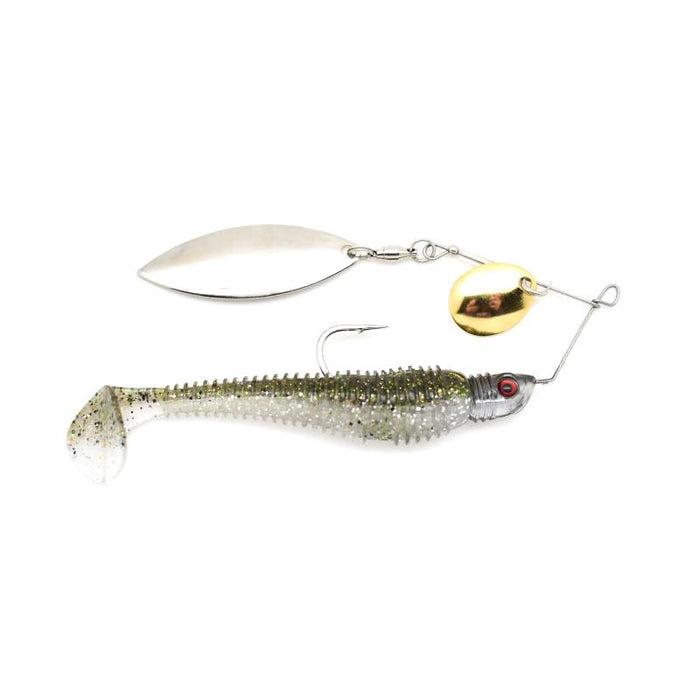 Jewel Baits Gem Blade 2.0 Spinnerbait featuring a soft paddle-tail lure attached to a double-blade spinner with silver and gold blades, designed for fishing tackle use.