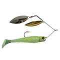 Jewel Baits Gem Blade Spinnerbait featuring a green soft plastic fish-shaped body with a paddle tail and dual polished metal blades attached to a wire frame fishing lure.