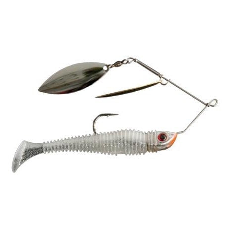 Jewel Baits Gem Blade Spinnerbait featuring a soft ribbed swimbait body with a paddle tail, equipped with double silver blades and a sharp hook for effective fishing tackle use.