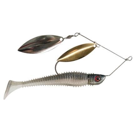 Jewel Baits Gem Blade Spinnerbait featuring two metallic blades, a soft ribbed swimbait body with a paddle tail, designed for effective fishing lure action suitable for musky and other game fish.