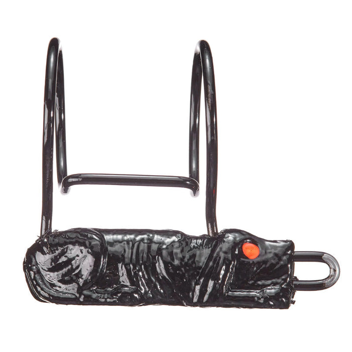 Jewel Baits Hound Dog Lure Retriever designed in black with an orange eye, featuring a metal frame for securely holding and retrieving fishing lures safely.