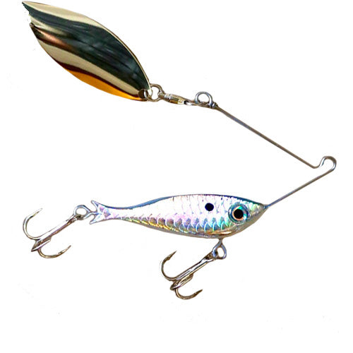 Jewel Baits Live Spin fishing lure with a metallic, fish-shaped body featuring two treble hooks and a curved wire arm holding a reflective spinner blade for attracting fish.