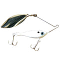 Jewel Baits Live Spin fishing lure with a white fish-shaped body, metallic spinner blade, and two treble hooks designed for effective fishing tackle use.