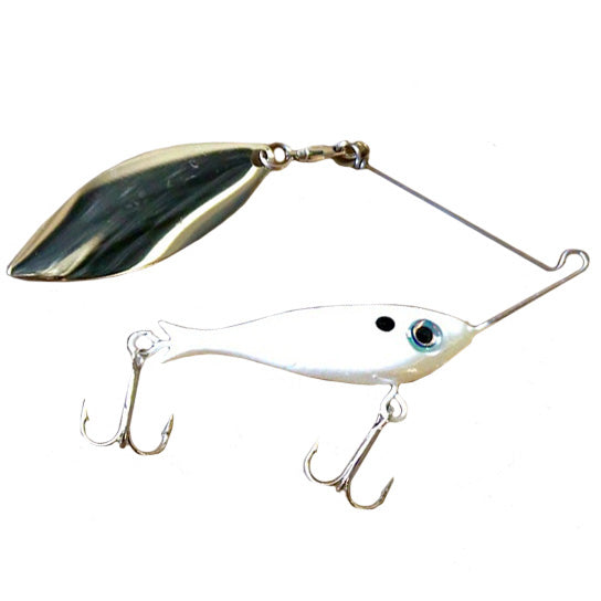 Jewel Baits Live Spin fishing lure with a white fish-shaped body, metallic spinner blade, and two treble hooks designed for effective fishing tackle use.