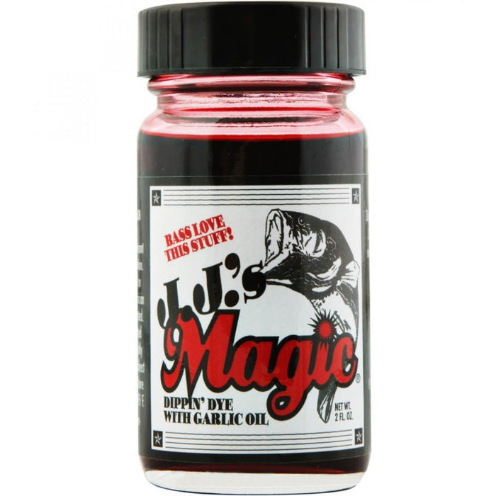 JJ's Magic Dippin Dye in a clear glass bottle with black screw cap, containing red liquid fishing scent with garlic oil, featuring a fishing-themed label and bass illustration.