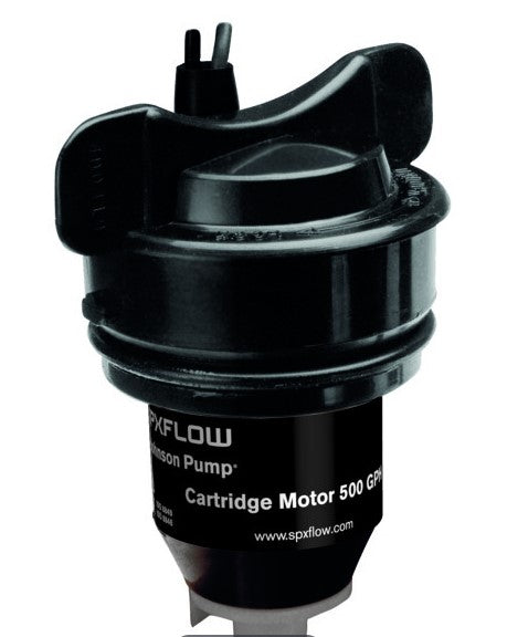 Johnson Pump/Mayfair 750 GPH Aerator/Bilge Pump Cartridge 28572 in black, designed for marine use, featuring a compact, durable motor housing and electrical connectors.