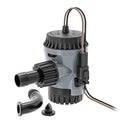 Johnson pumps Aqua Void Bilge Pump 800gph PN:10-13626-05 shown with black and gray durable plastic housing, electrical wires, and separate connecting fittings for marine use.