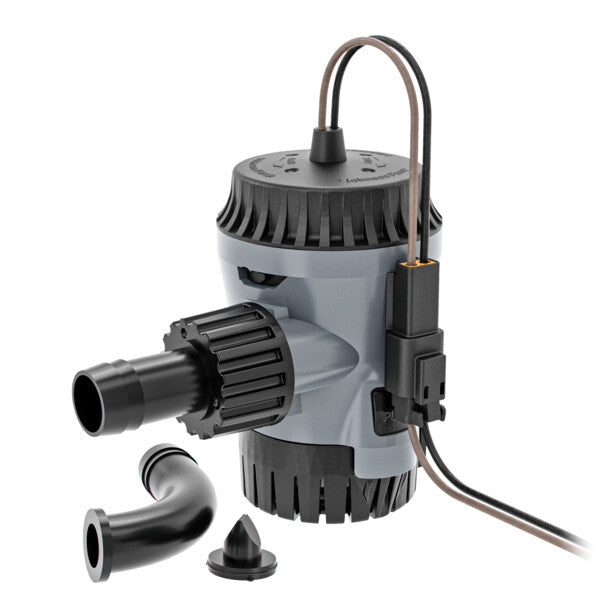 Johnson pumps Aqua Void Bilge Pump 800gph PN:10-13626-05 shown with black and gray durable plastic housing, electrical wires, and separate connecting fittings for marine use.