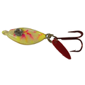 JR's Tackle Grenade Spoon fishing lure with yellow and pink body, reflective eye detail, and red treble hook with spinner blade designed for effective fishing tackle use.