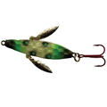JR's Tackle Hammered Flasher Spoon fishing lure with a hammered metal body, green and silver coloring, and two small flasher blades attached, featuring a red treble hook.