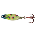 JR's Tackle Rattlin' Snoman Spoon fishing lure with a colorful pattern of green, yellow, purple, and orange spots and a sharp red treble hook for fishing tackle.
