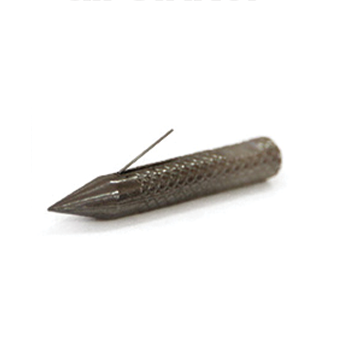 Kanji Trigger Nail Sinker, a textured, streamlined fishing tackle weight with a pointed tip and small wire hook designed for precise placement on fishing lures or flies.