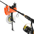 KastKing Kalibrate Line Spooler Line Counter in bright orange securely clamps to a fishing rod, featuring a clear spool holder and precision line counter designed for fishing tackle accuracy.