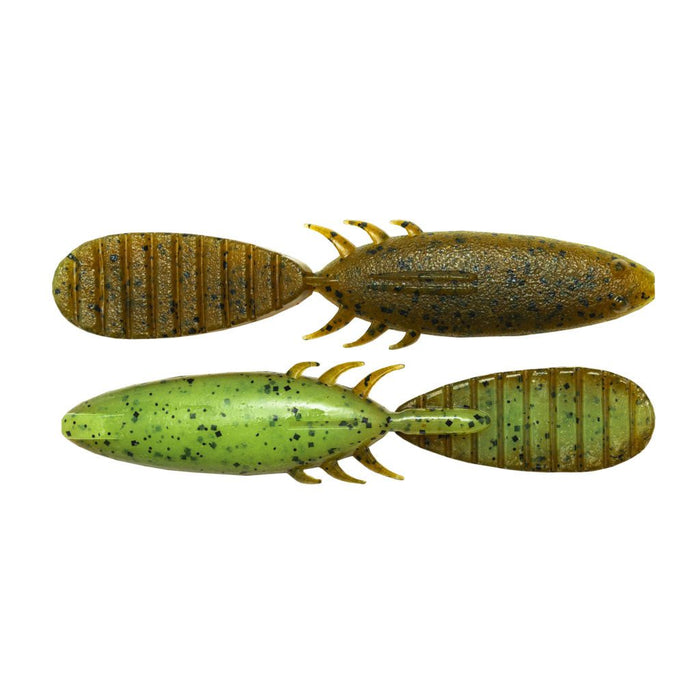 Two Keitech 3.5" Paddlin Beaver fishing lures in green and brown with segmented paddle tails and multiple small legs designed to mimic aquatic prey for effective fishing tackle use.