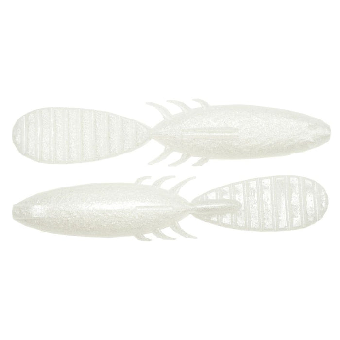Two pearlescent white Keitech 3.5" Paddlin Beaver soft plastic fishing lures with ribbed paddle tails and segmented bodies designed for lifelike swimming action.