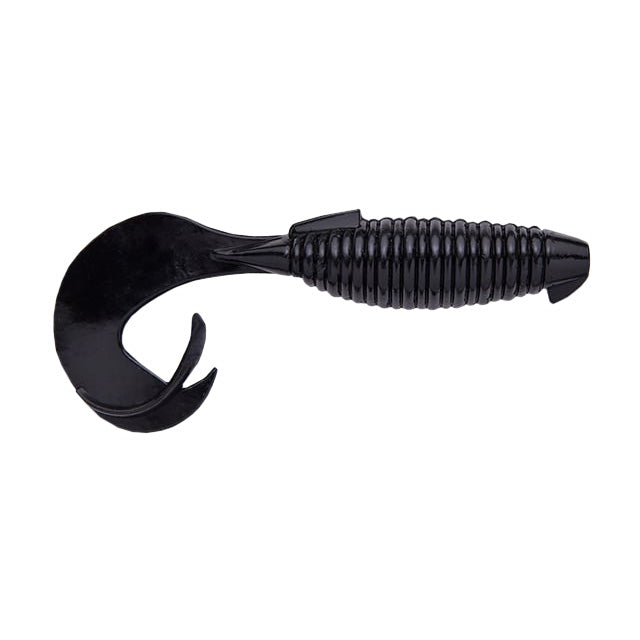 Keitech 4" Flapper Grub fishing lure in black with a ribbed body and curly tail designed for lifelike movement in fishing tackle and lure applications.