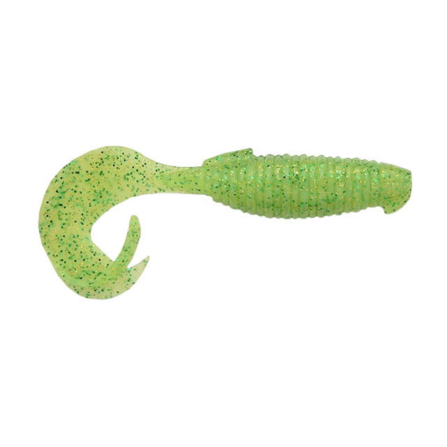 Keitech 4" Flapper Grub fishing lure in translucent lime green with dark green speckles, featuring a ribbed body and large curly tail for lifelike movement in fishing tackle.