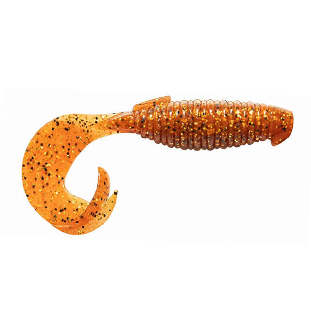 Keitech 4" Flapper Grub fishing lure in translucent root beer brown with black speckles, featuring a ribbed body and curled tail for lifelike movement in water.