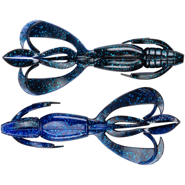 Two Keitech Crazy Flapper fishing lures in shades of black and blue with glitter, designed to mimic aquatic prey for musky and other freshwater fishing.